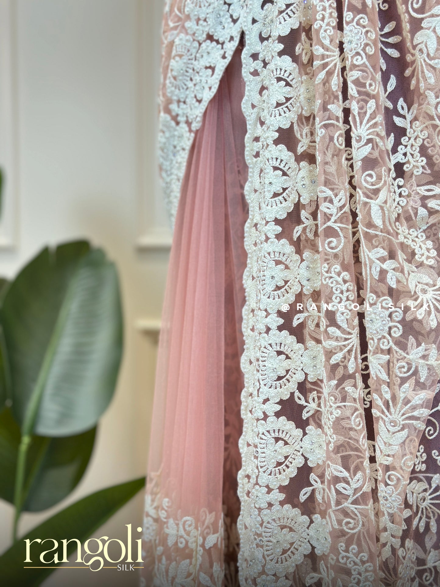 Elegant Blush Pink & Ivory Designer Netted Saree with Embroidery and Stone Work - Post 688