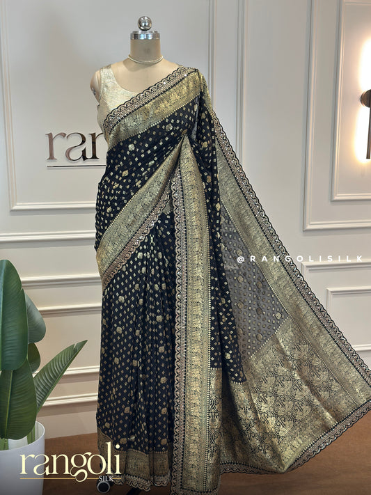 Black Banarasi Silk Saree with Rich Gold Zari Motifs & Scalloped Border - Post 679