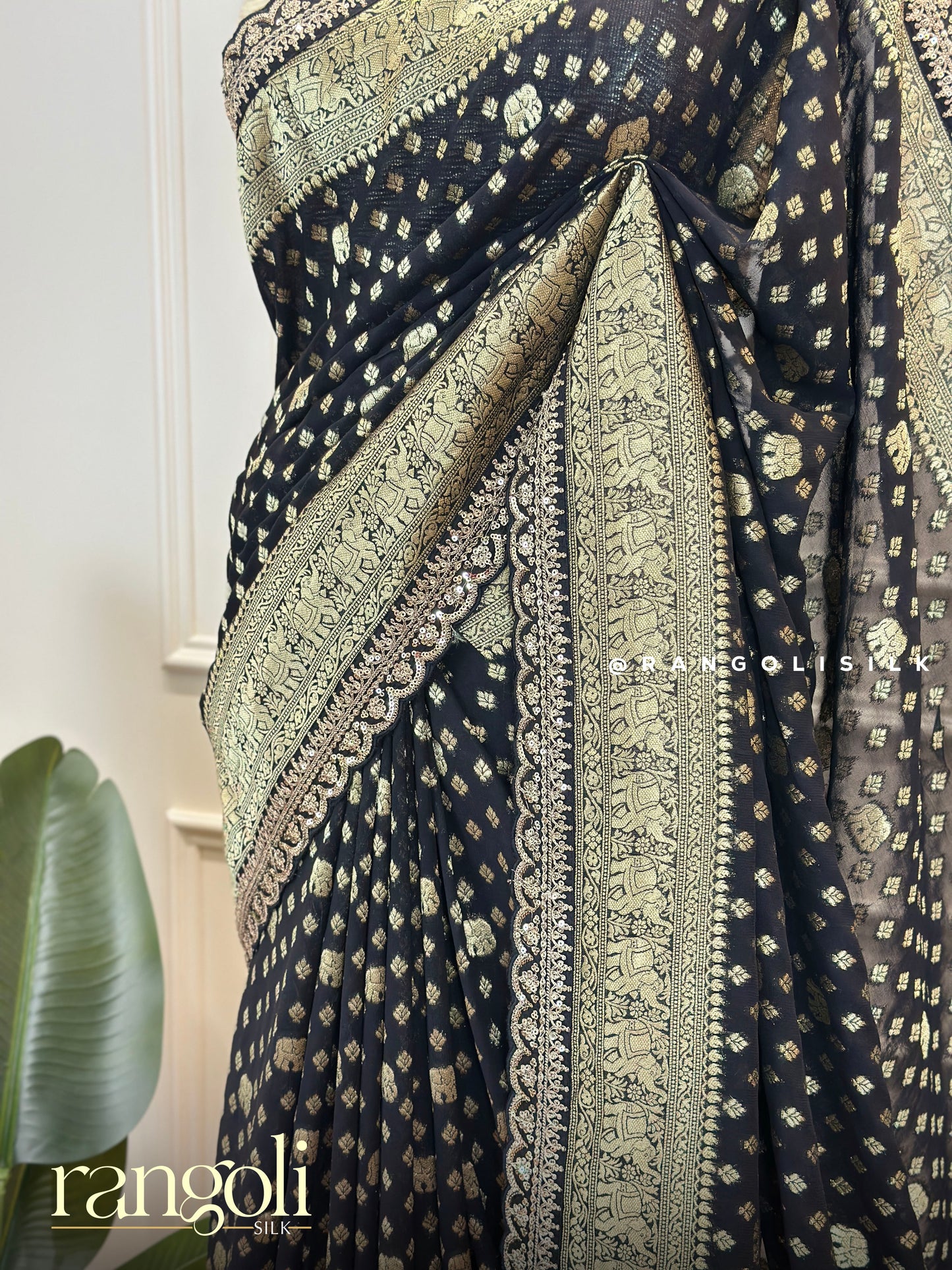 Black Banarasi Silk Saree with Rich Gold Zari Motifs & Scalloped Border - Post 679