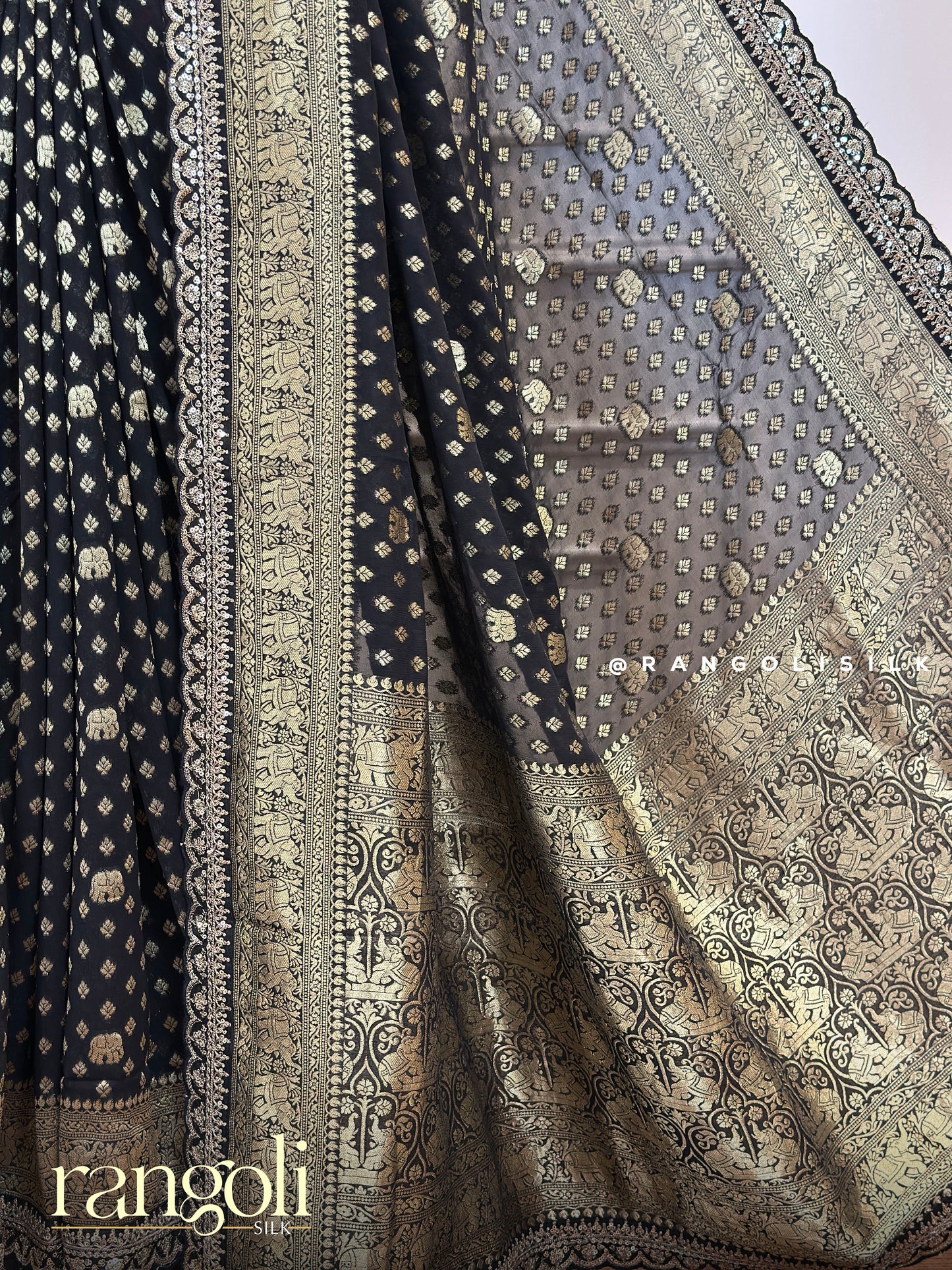 Black Banarasi Silk Saree with Rich Gold Zari Motifs & Scalloped Border - Post 679