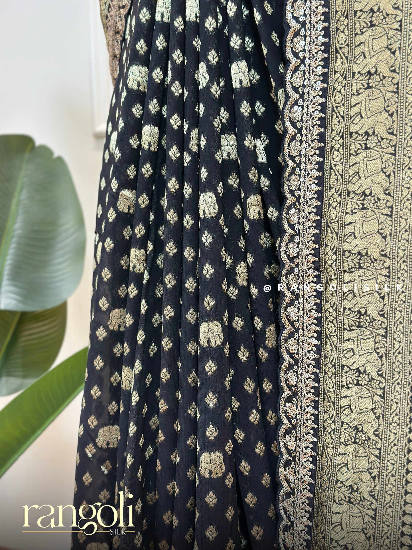 Black Banarasi Silk Saree with Rich Gold Zari Motifs & Scalloped Border - Post 679