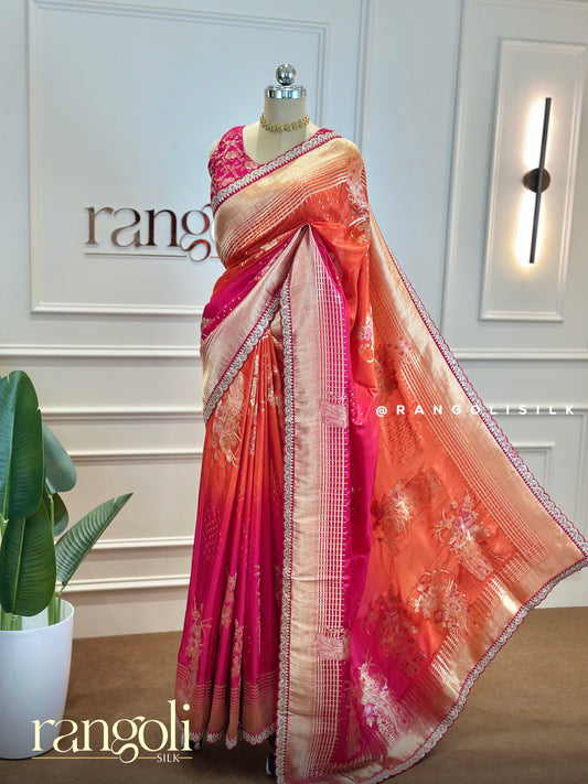 Exquisite Banarasi Saree in Pink & Coral Orange with Rich Gold Zari - Post 675