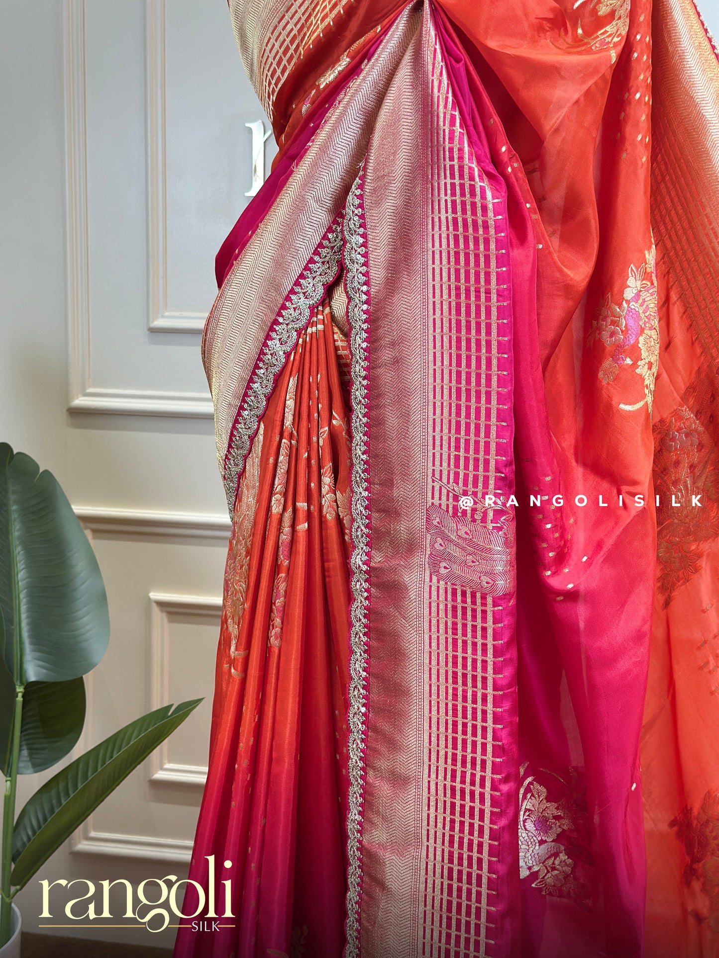 Exquisite Banarasi Saree in Pink & Coral Orange with Rich Gold Zari - Post 675