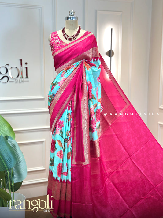 Hot Pink & Turquoise Blue Floral Printed Saree with Zari Border - Post 993