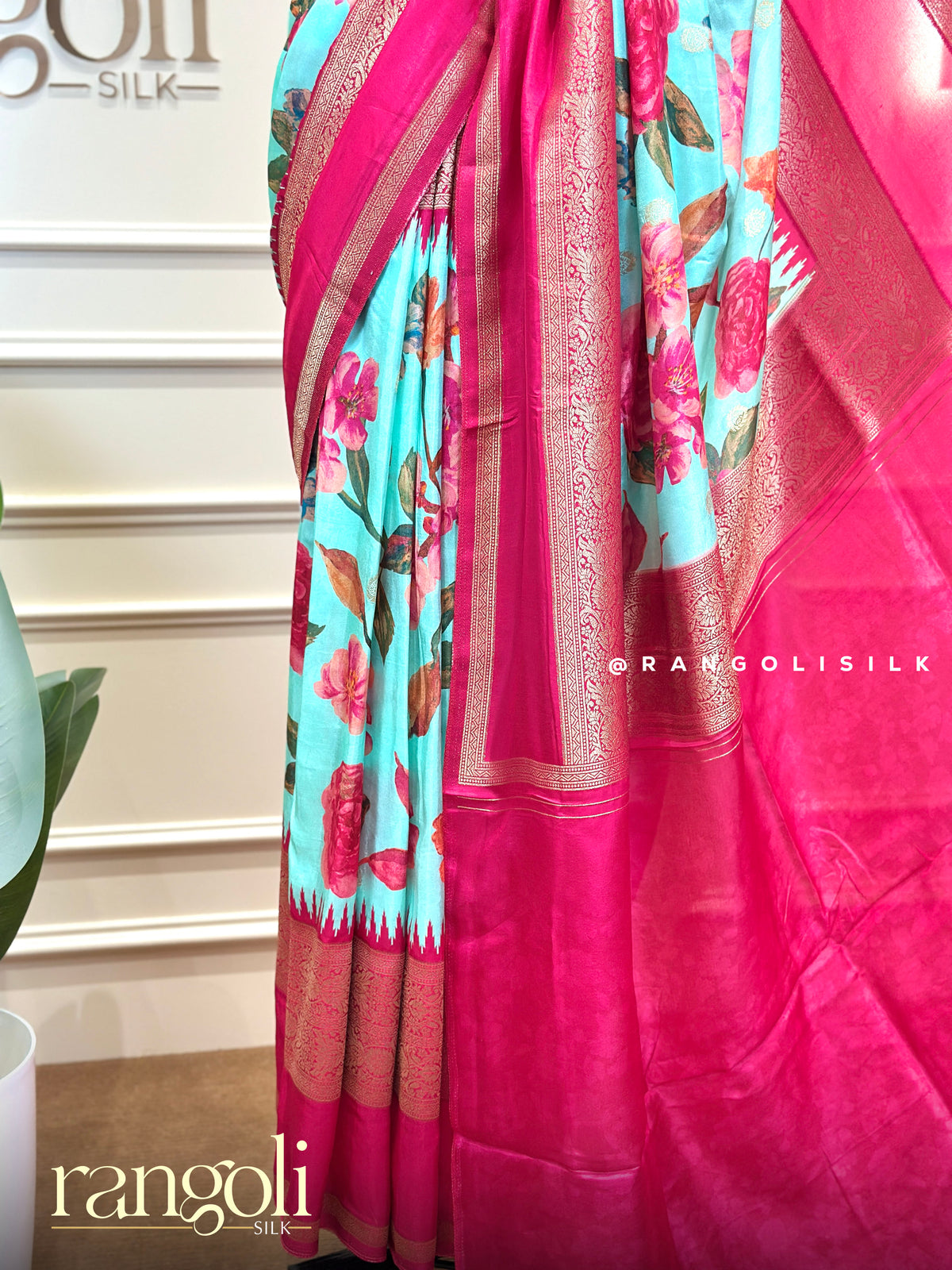 Hot Pink & Turquoise Blue Floral Printed Saree with Zari Border - Post 993