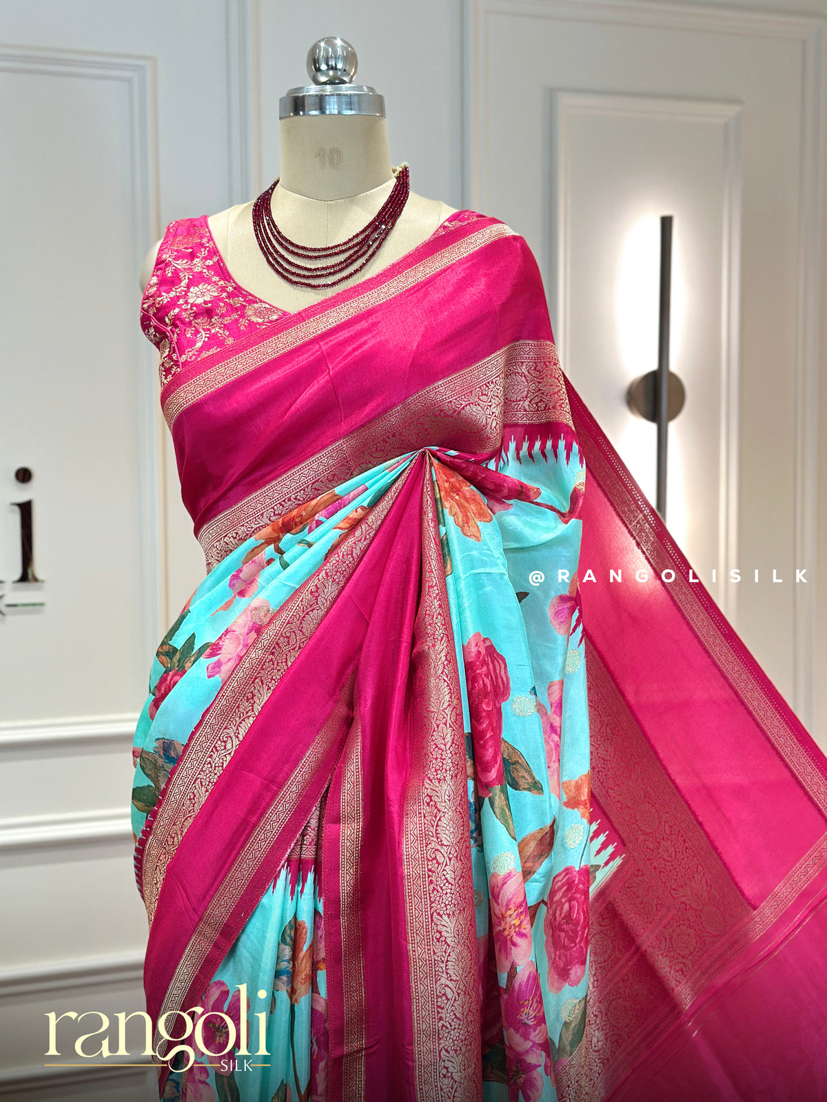 Hot Pink & Turquoise Blue Floral Printed Saree with Zari Border - Post 993