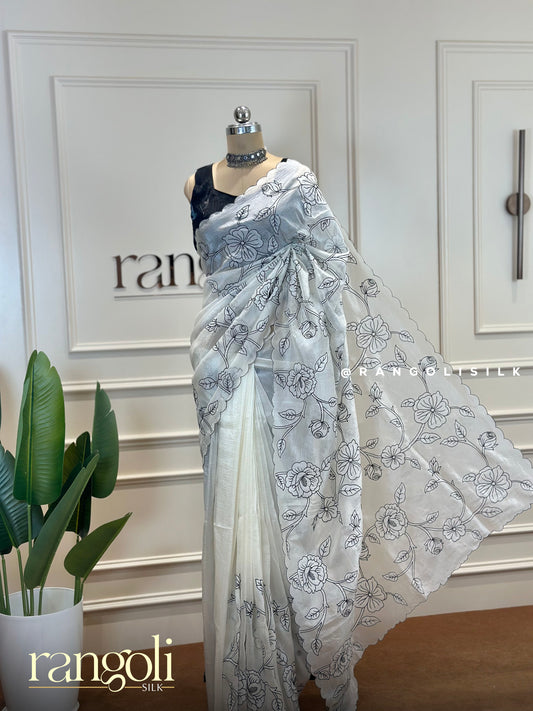Designer White Saree with Black Floral Embroidery & Scallop Border - Post 466