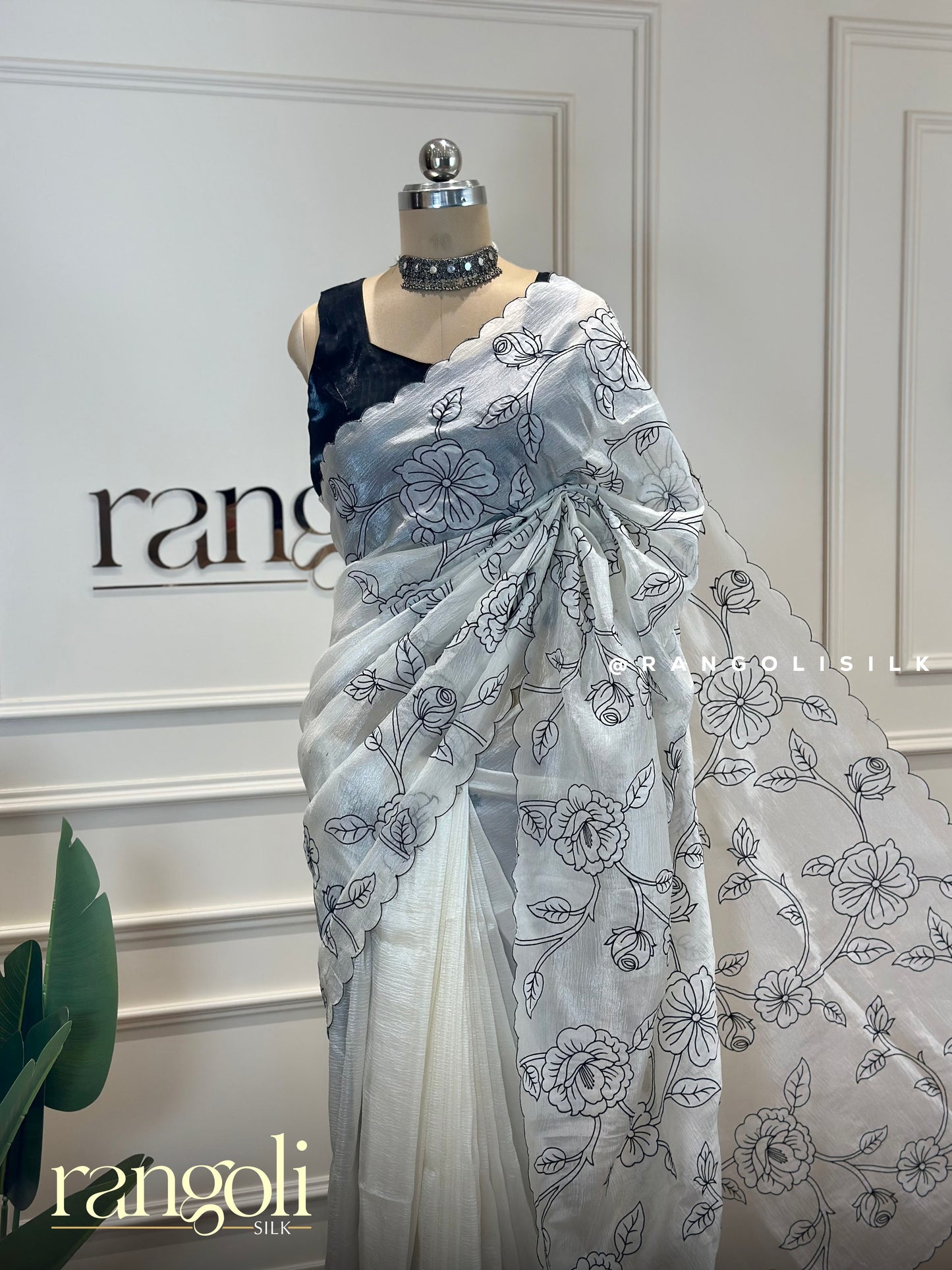 Designer White Saree with Black Floral Embroidery & Scallop Border - Post 466