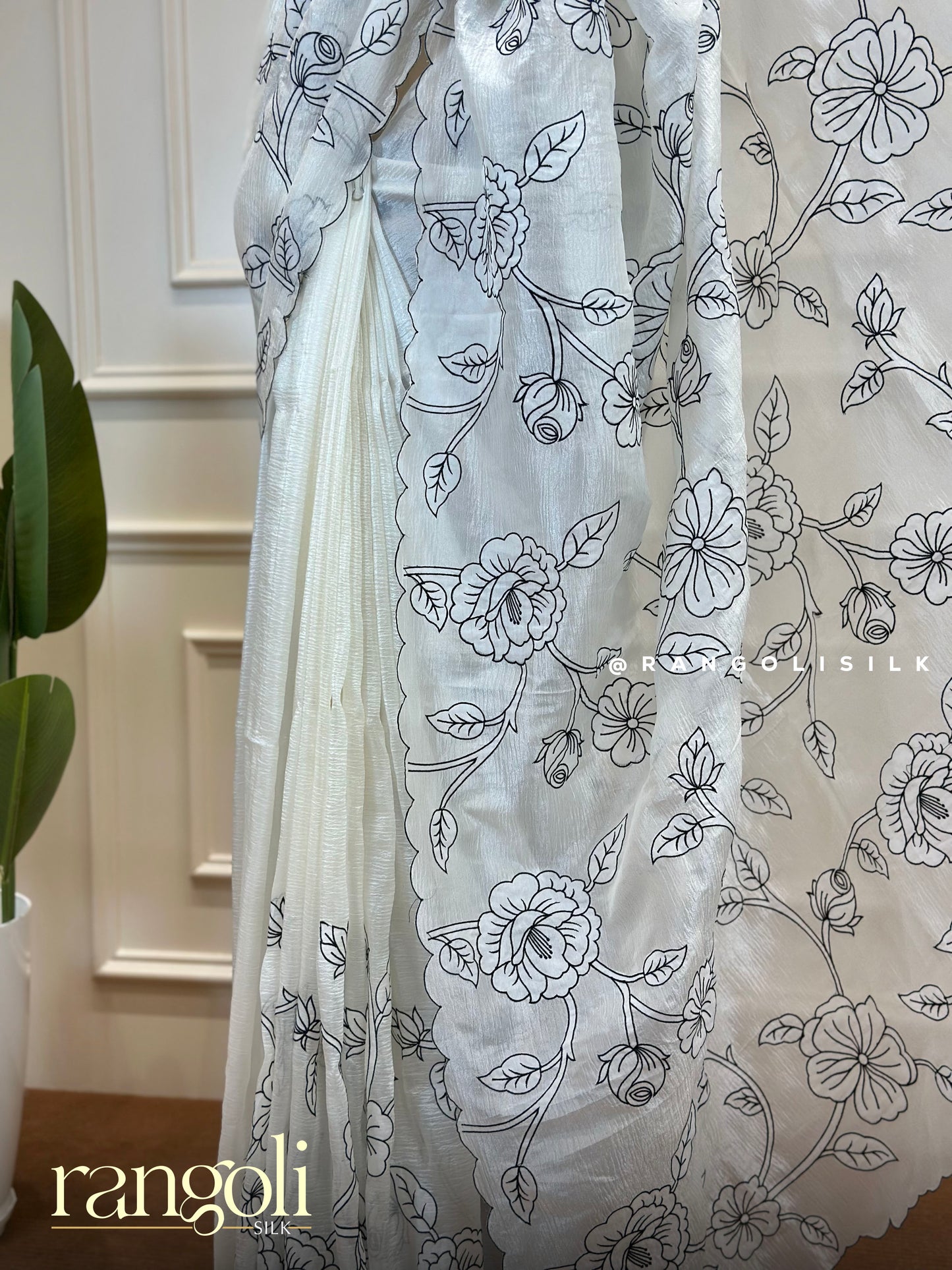 Designer White Saree with Black Floral Embroidery & Scallop Border - Post 466