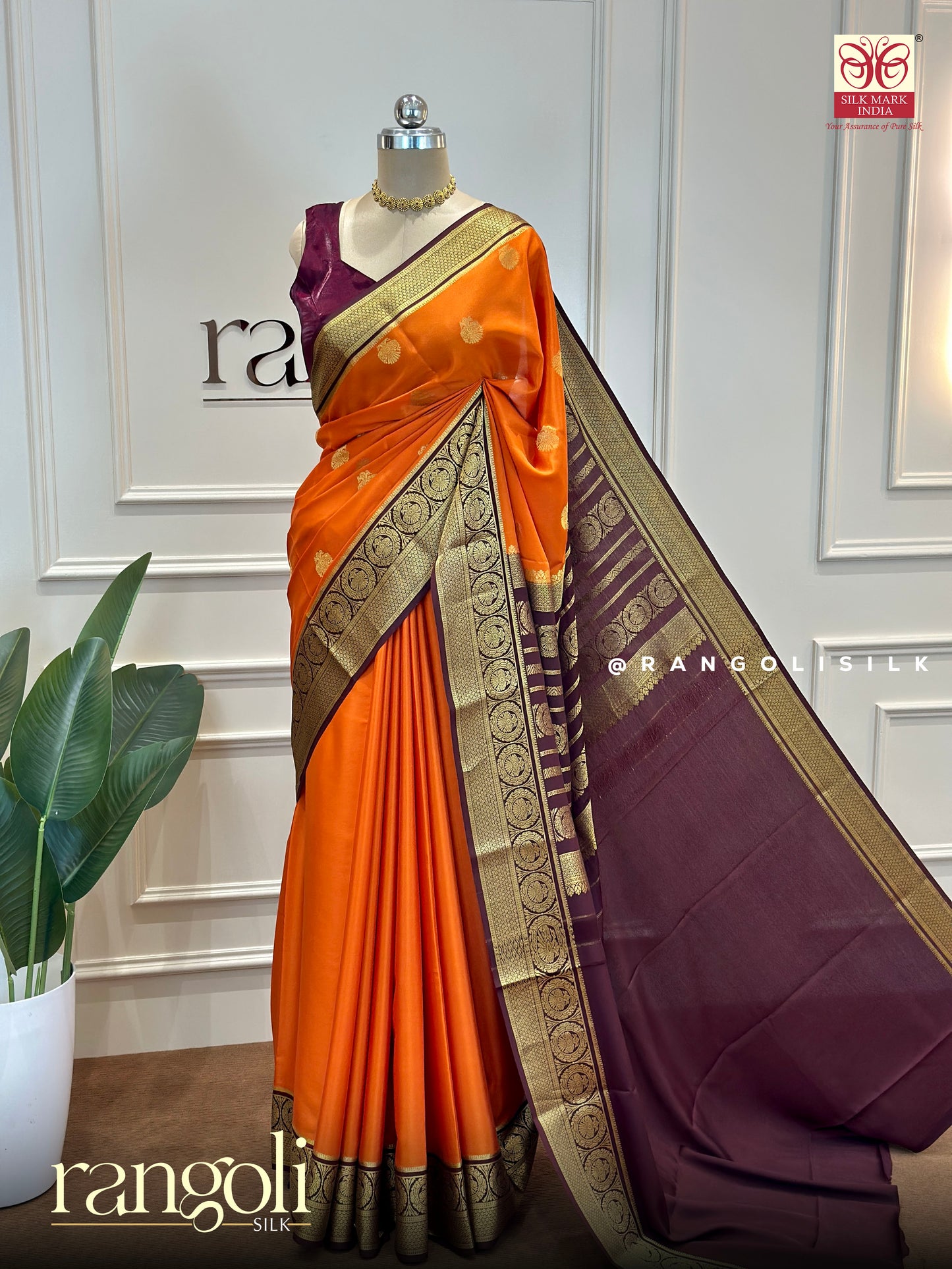 Rust Orange Pure Mysore Silk Saree with Maroon Pallu & Zari Border - Post 580