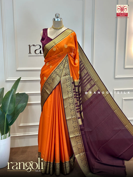 Rust Orange Pure Mysore Silk Saree with Maroon Pallu & Zari Border - Post 580
