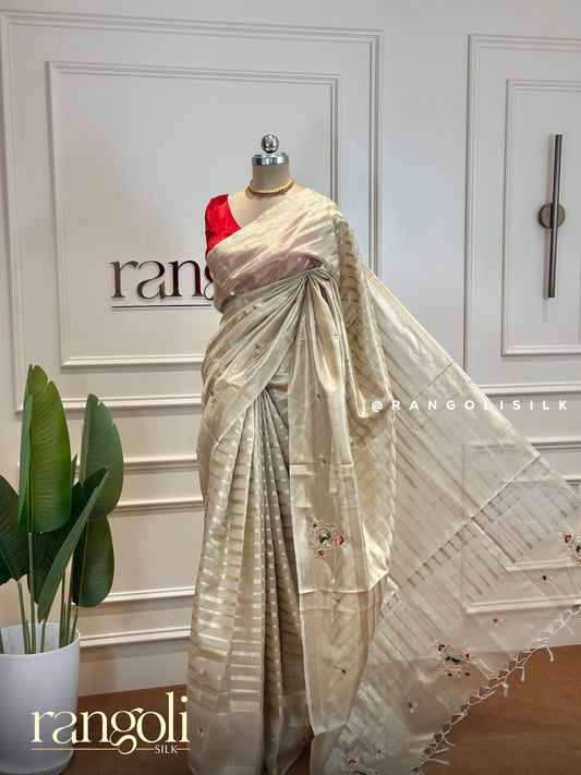 Golden Sheen Tissue Saree with Subtle Stripes & Peacock Embroidery - Post 470
