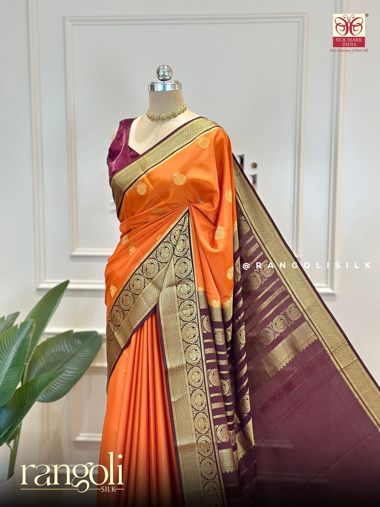 Rust Orange Pure Mysore Silk Saree with Maroon Pallu & Zari Border - Post 580