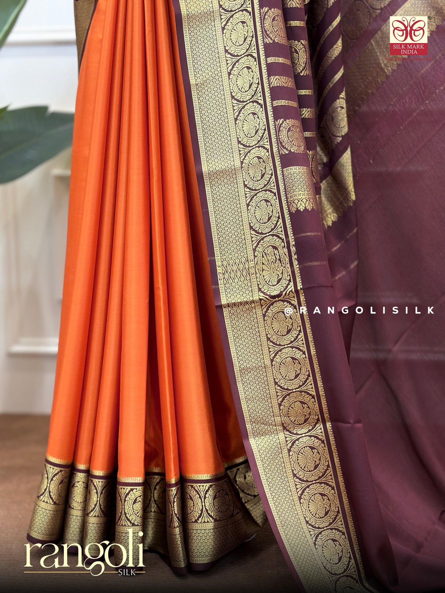 Rust Orange Pure Mysore Silk Saree with Maroon Pallu & Zari Border - Post 580