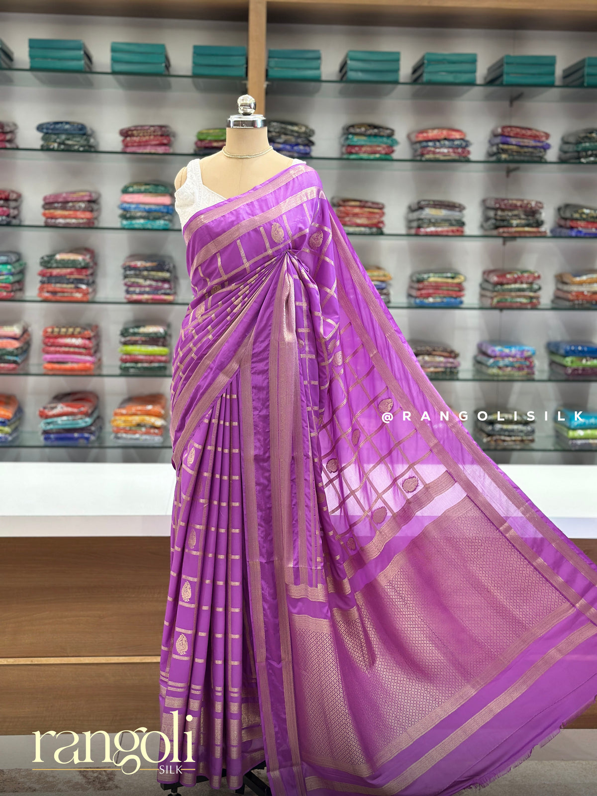Semi Mysore Silk Saree with Checked & Geometric Zari Patterns - Post 995