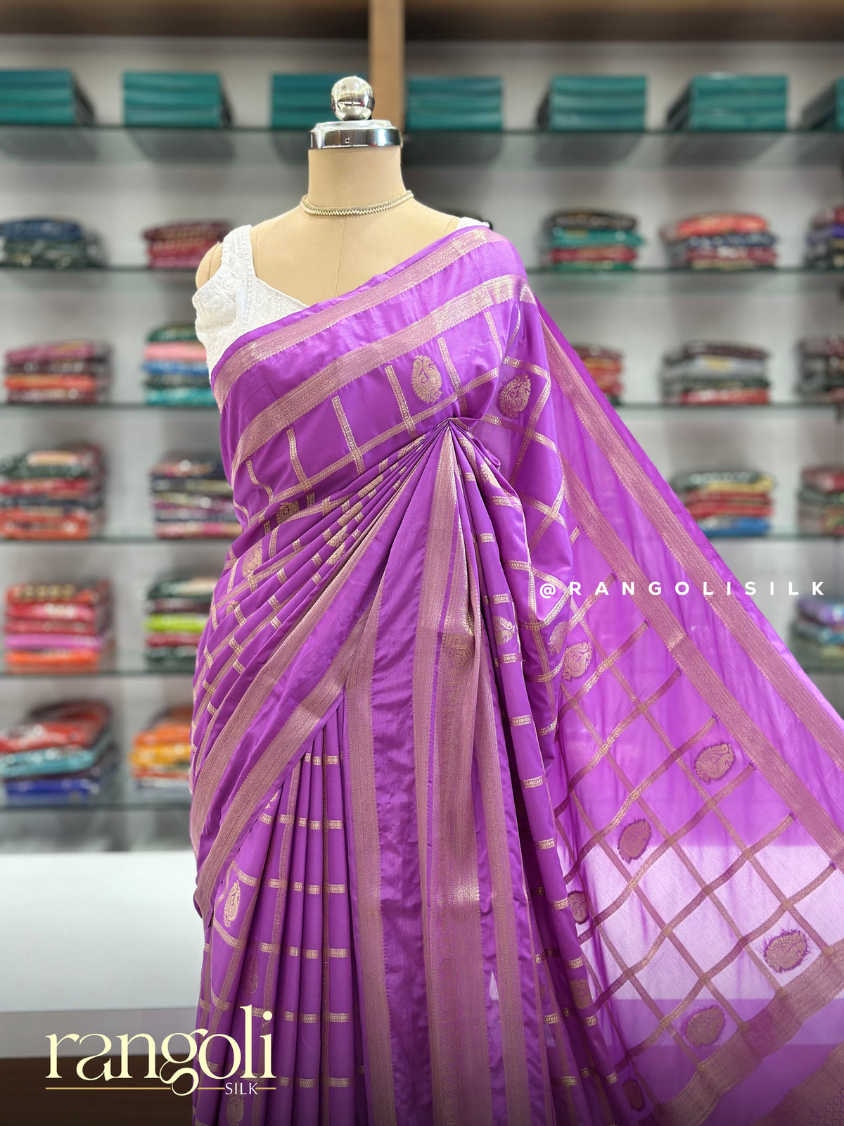 Semi Mysore Silk Saree with Checked & Geometric Zari Patterns - Post 995