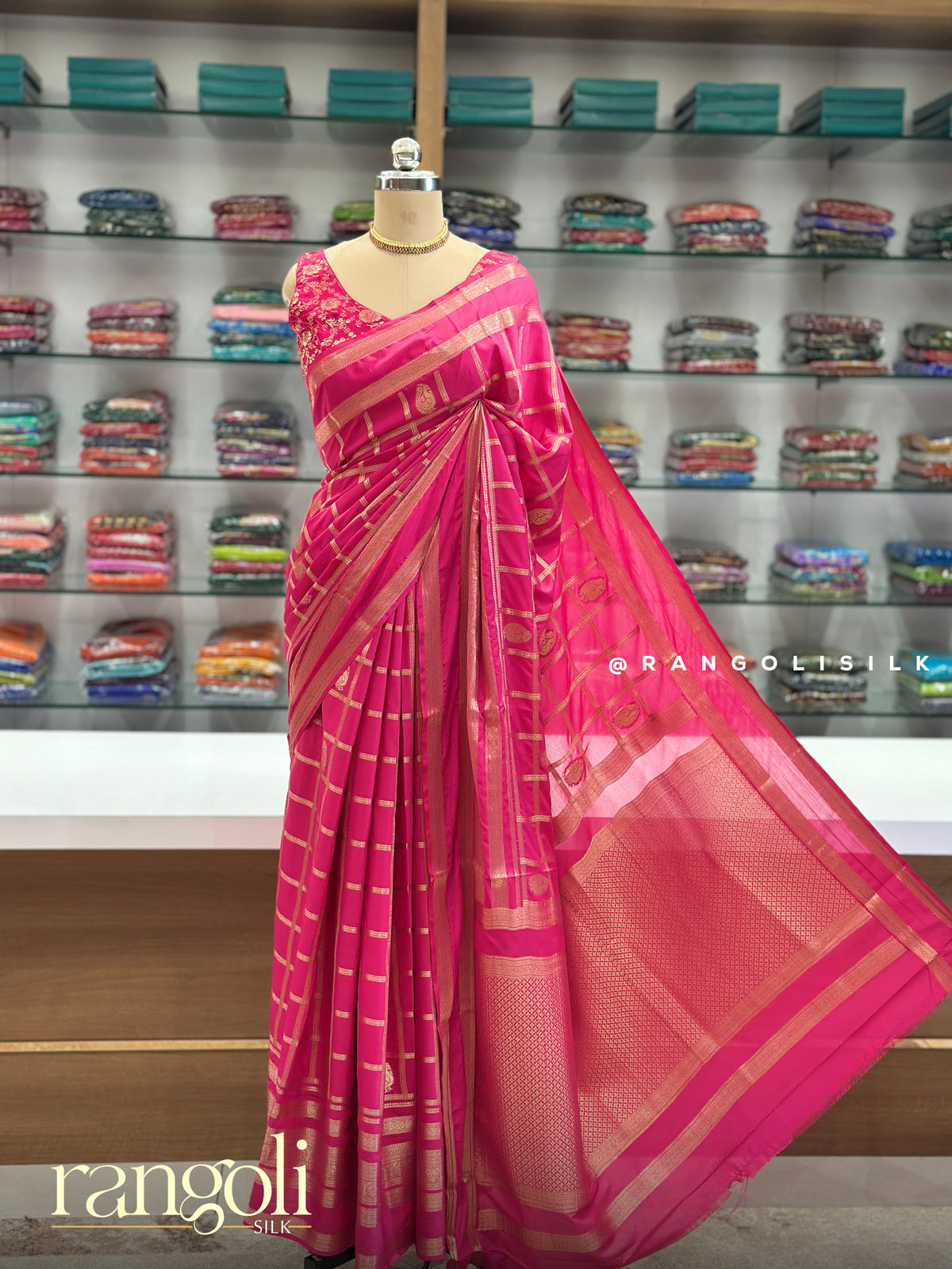 Semi Mysore Silk Saree with Checked & Geometric Zari Patterns - Post 995