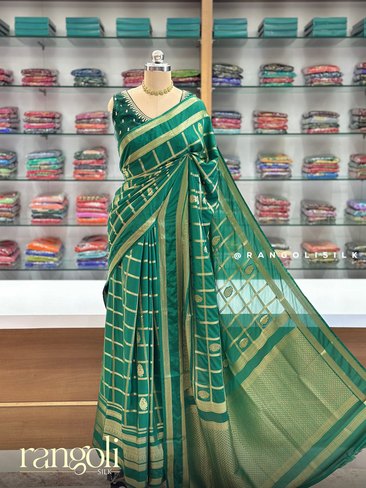 Semi Mysore Silk Saree with Checked & Geometric Zari Patterns - Post 995