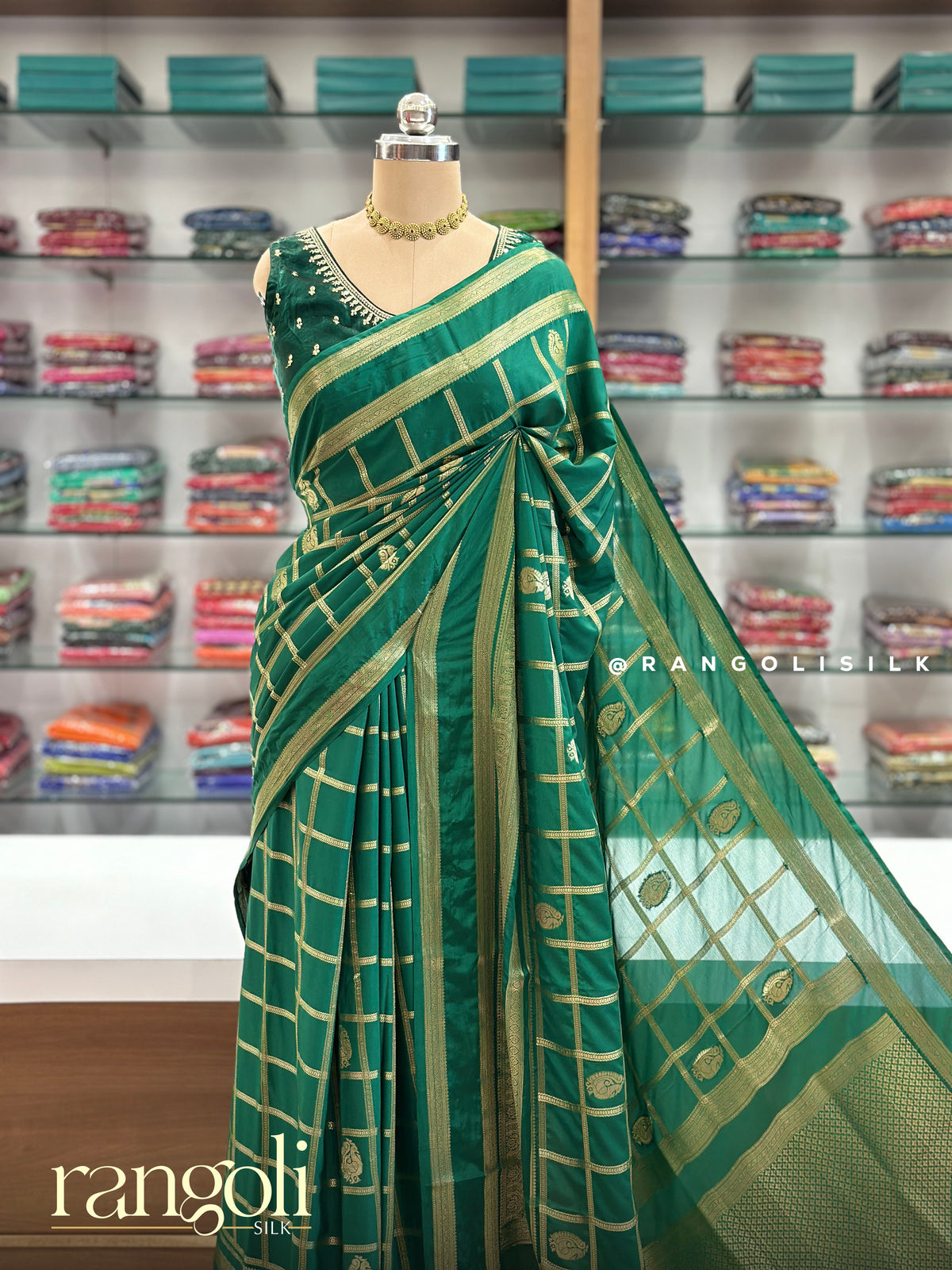 Semi Mysore Silk Saree with Checked & Geometric Zari Patterns - Post 995