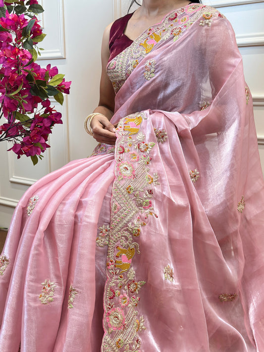 Blush Pink Designer Saree with Floral Embroidery - Post  761