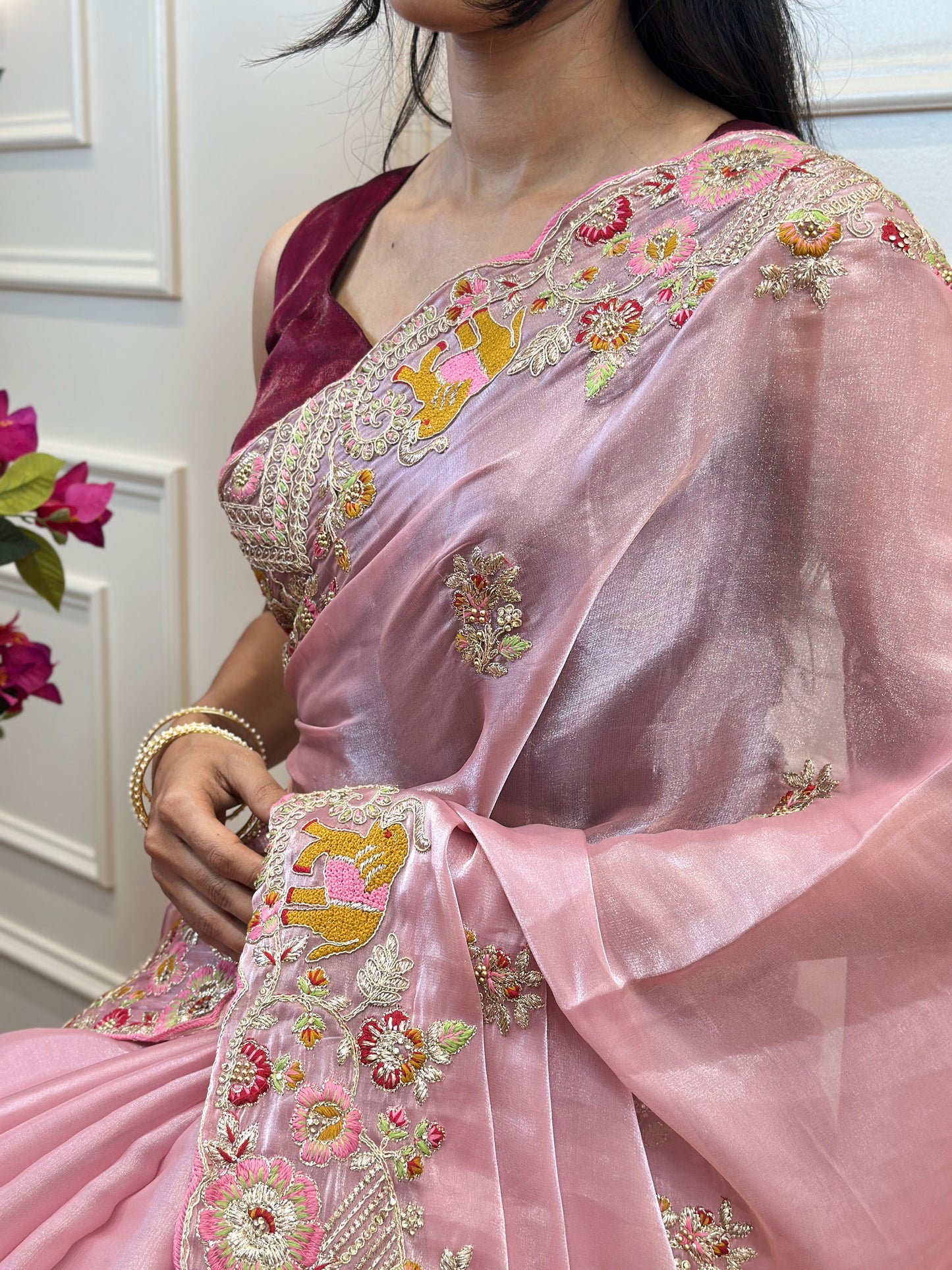 Blush Pink Designer Saree with Floral Embroidery - Post  761