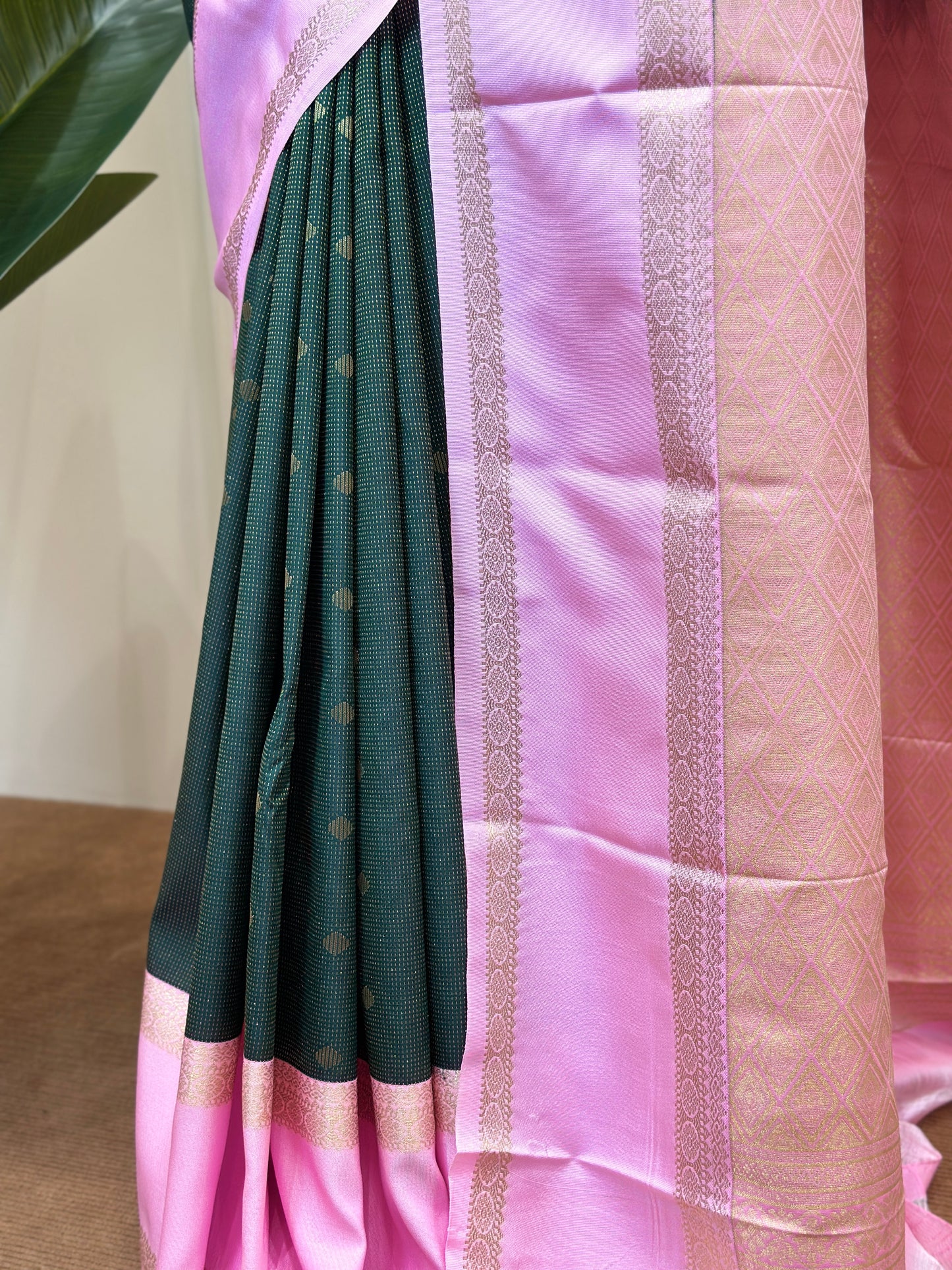 Deep Green & Blush Pink Semi Kanjivaram Silk Saree with Gold Zari Buttas - Post 776