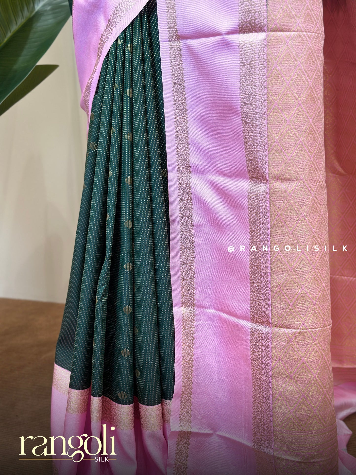 Deep Green & Blush Pink Semi Kanjivaram Silk Saree with Gold Zari Buttas - Post 776