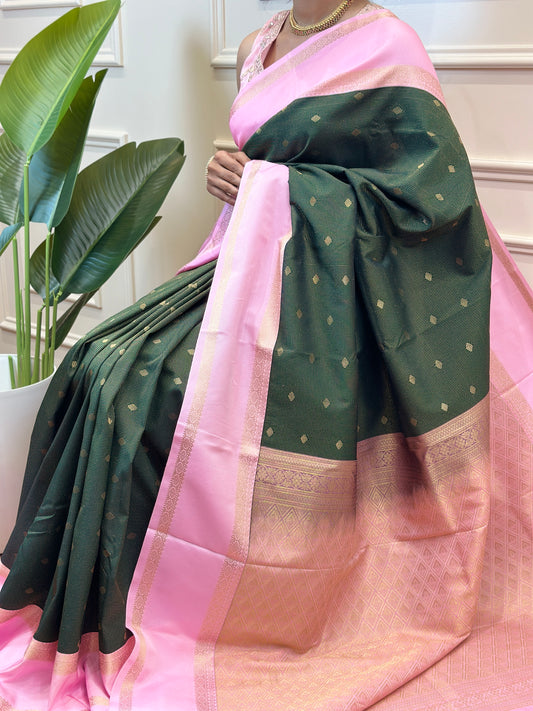 Deep Green & Blush Pink Semi Kanjivaram Silk Saree with Gold Zari Buttas - Post 776