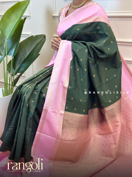 Deep Green & Blush Pink Semi Kanjivaram Silk Saree with Gold Zari Buttas - Post 776