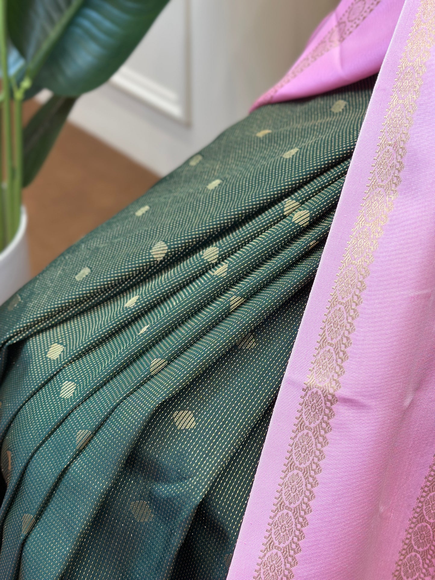 Deep Green & Blush Pink Semi Kanjivaram Silk Saree with Gold Zari Buttas - Post 776