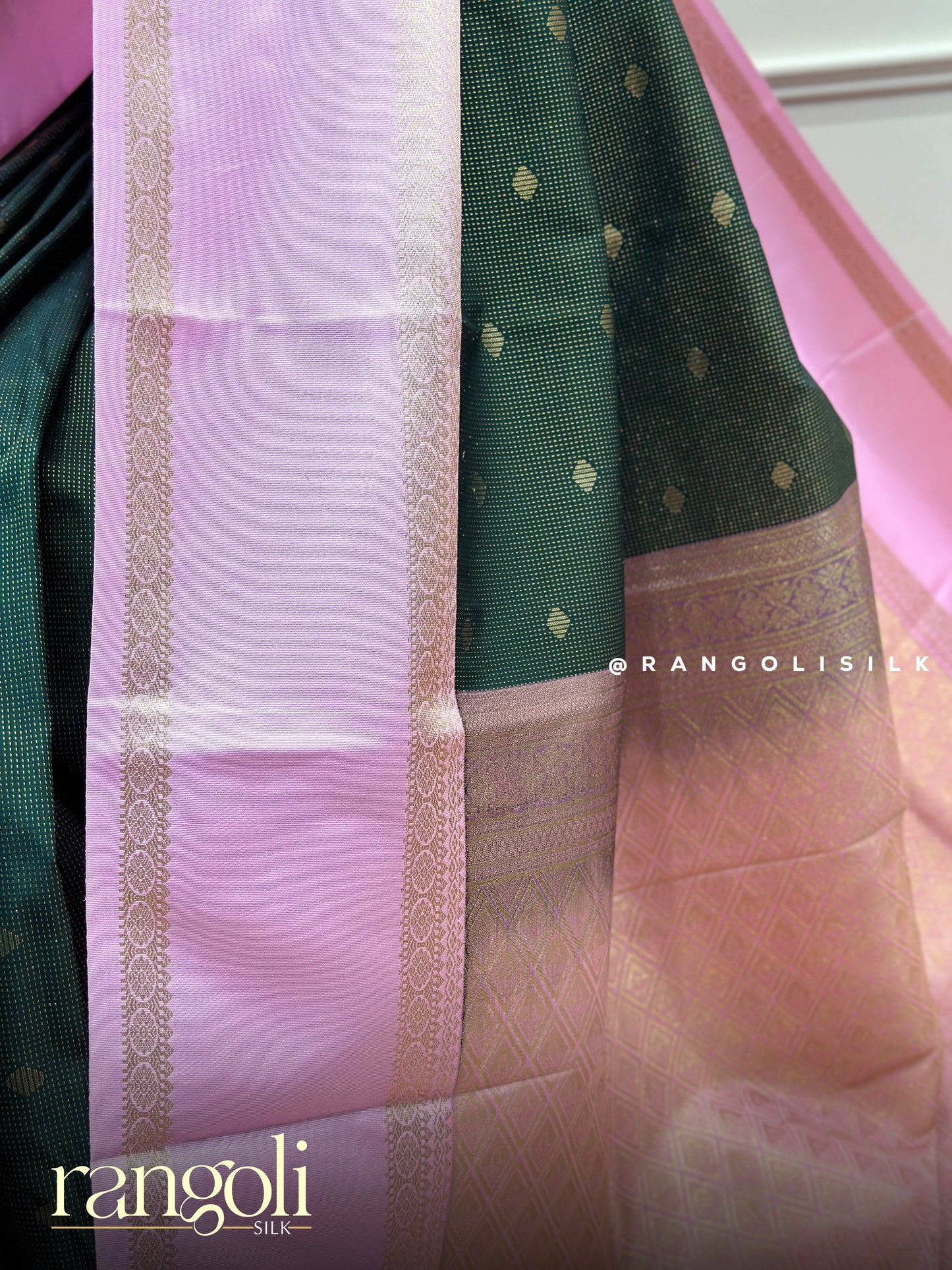 Deep Green & Blush Pink Semi Kanjivaram Silk Saree with Gold Zari Buttas - Post 776