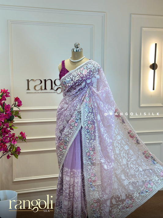 Designer Net Saree with Pastel Floral Embroidery – Elegant & Ethereal - Post 469
