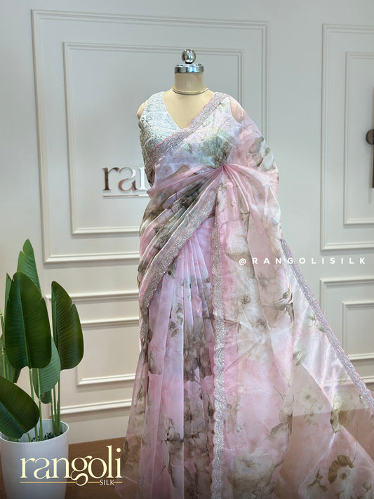 Tissue Organza Saree with Floral Print - Post 366