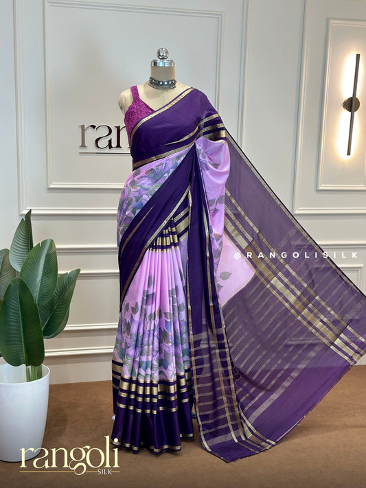 Elegant Crepe Saree with Kalamkari Floral Prints & Golden Borders – Post 584