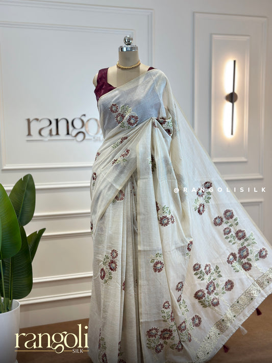 Elegant Cotton Saree with Delicate Floral Embroidery - Post 474