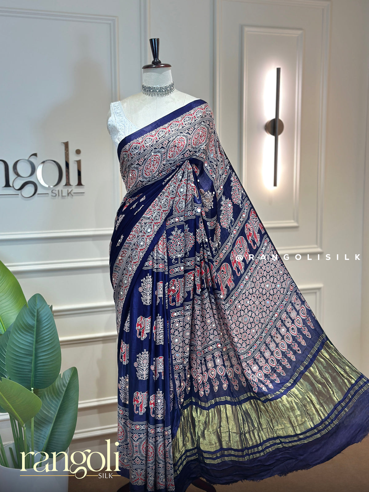 Ajrakh Block Printed Sarees with Traditional Motifs and Mirror Work - Post 1001