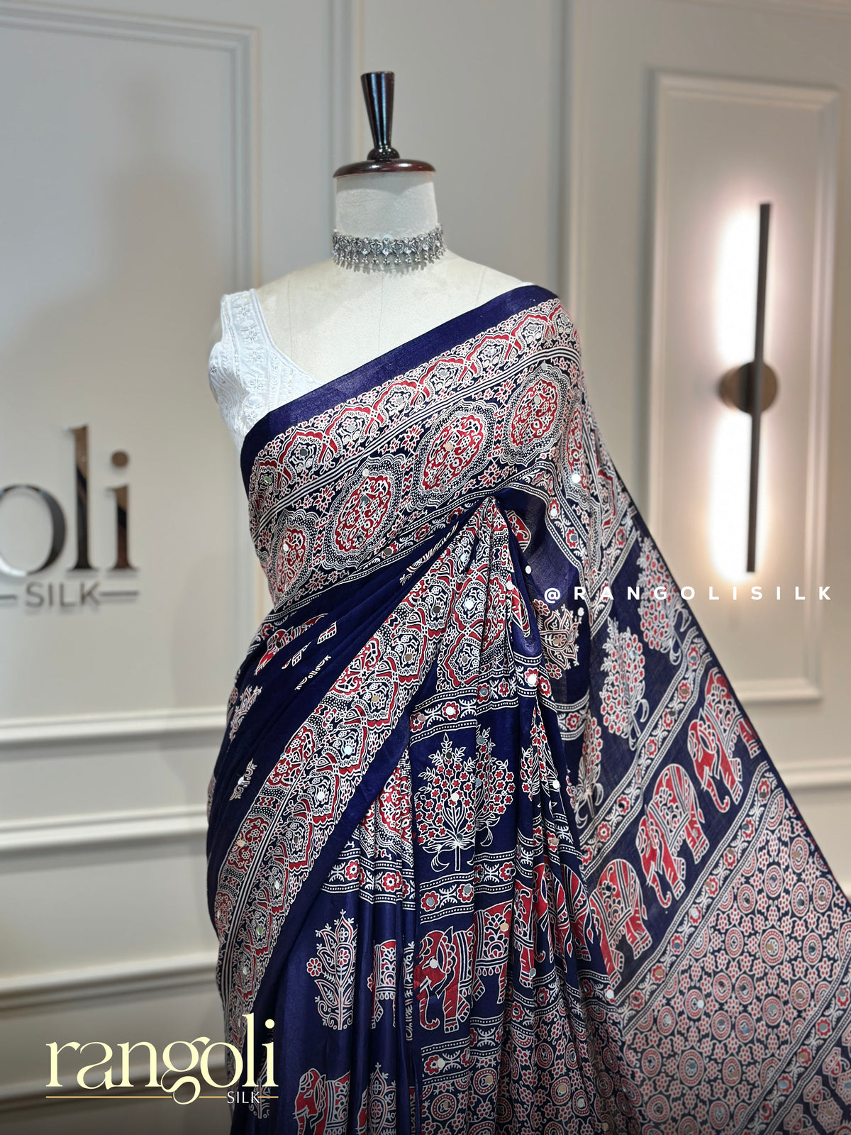 Ajrakh Block Printed Sarees with Traditional Motifs and Mirror Work - Post 1001