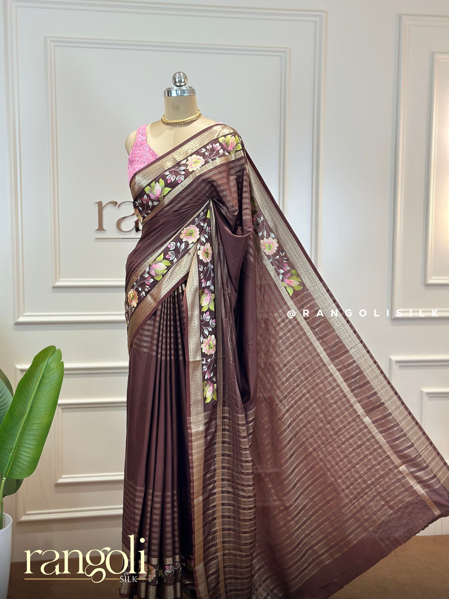 Semi Mysore Silk Saree with Floral Embroidery Border - Post 589