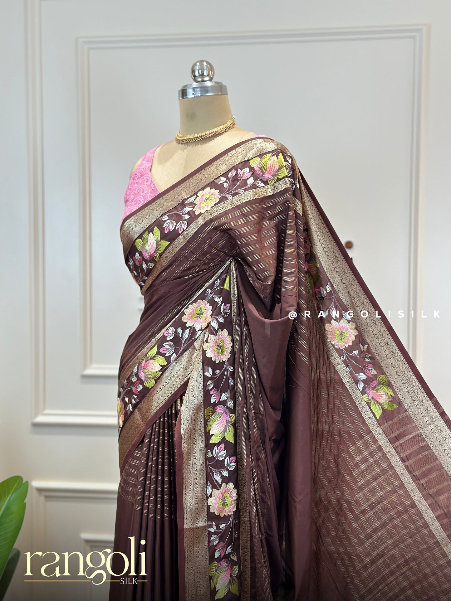 Semi Mysore Silk Saree with Floral Embroidery Border - Post 589
