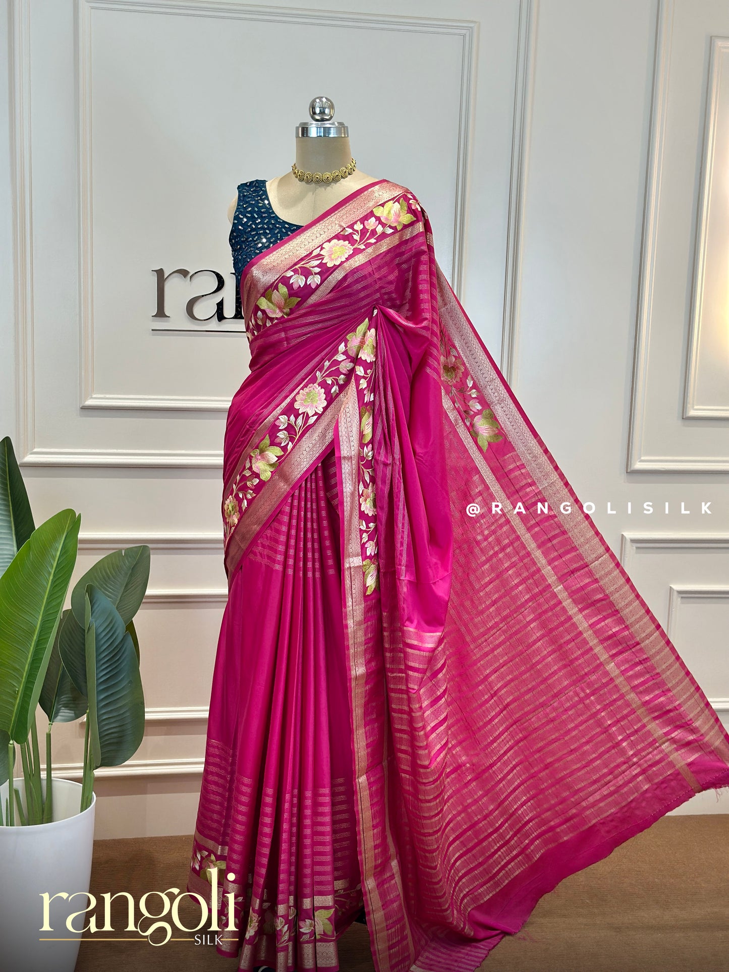 Semi Mysore Silk Saree with Floral Embroidery Border - Post 589