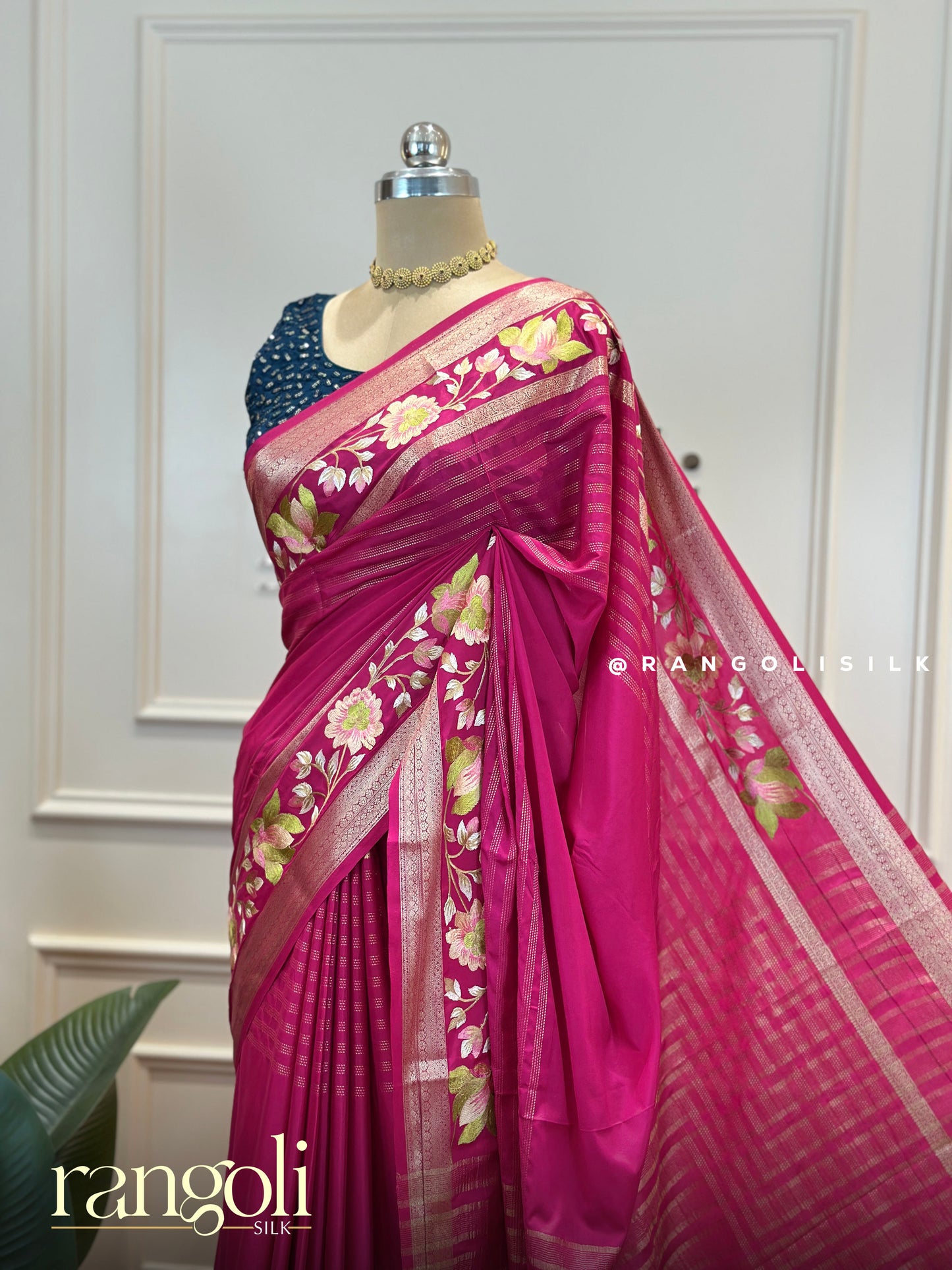 Semi Mysore Silk Saree with Floral Embroidery Border - Post 589