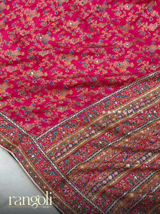 Rani Pink Designer Banaras Saree with Multi-Color Thread Embroidery, Mirror Work & Stitched Blouse - Post 1003