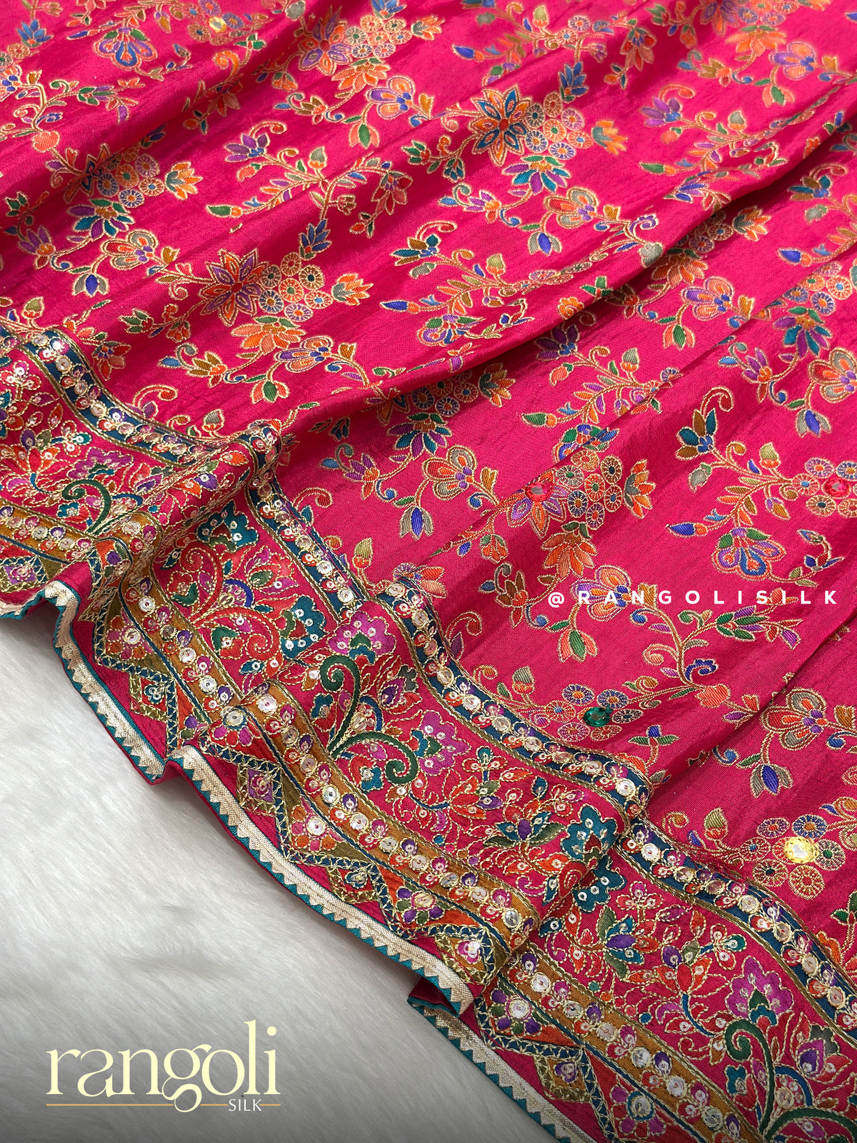 Rani Pink Designer Banaras Saree with Multi-Color Thread Embroidery, Mirror Work & Stitched Blouse - Post 1003