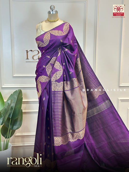 Pure Kanjivaram Silk Saree in Royal Purple with Antique Gold Zari Weaving - Post 876