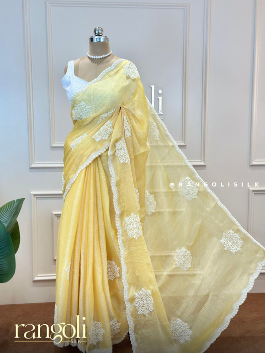 Floral Embroidered Yellow Chiffon Fancy Saree – Elegant Partywear Lightweight Saree - Post 592