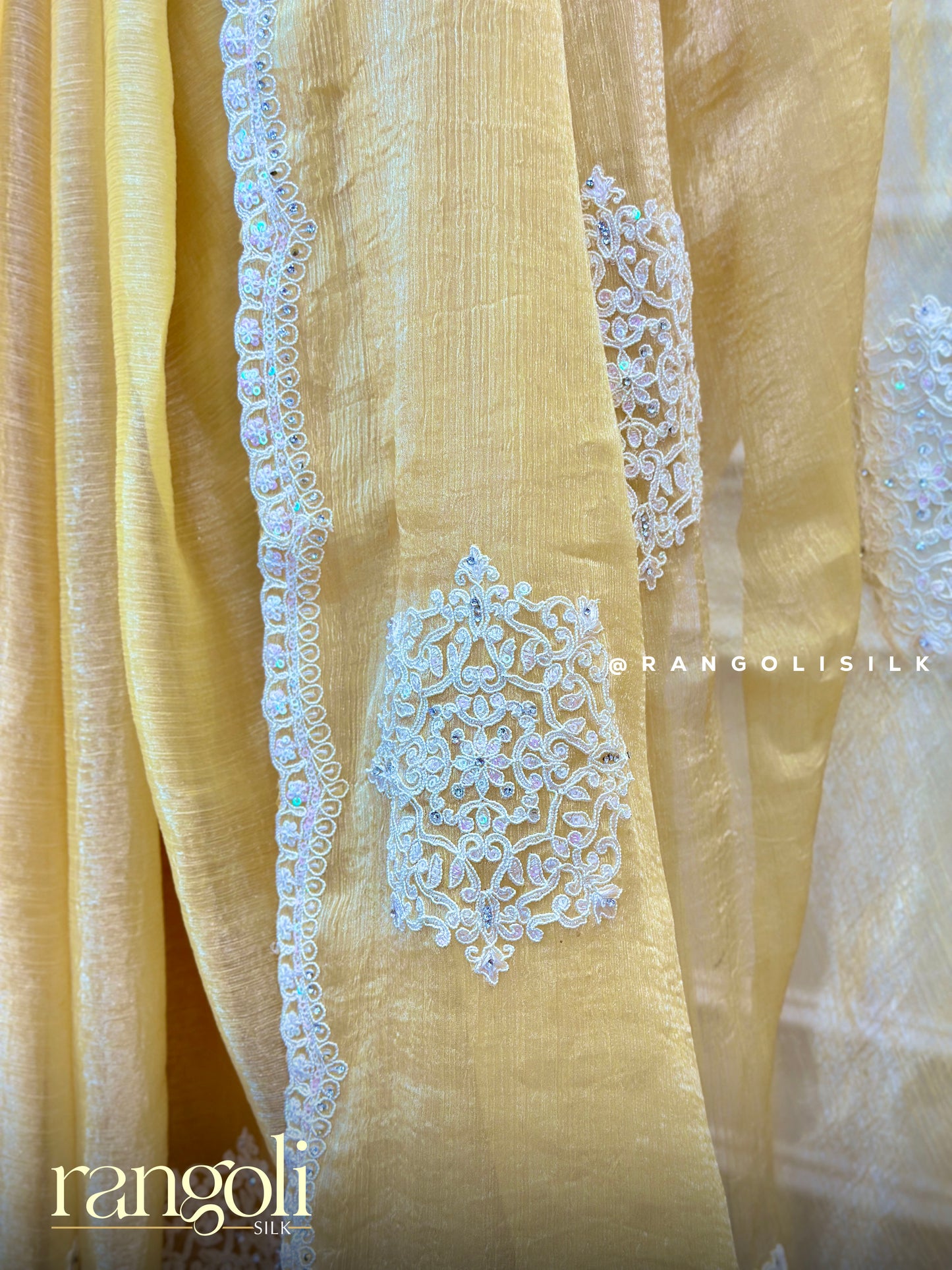Floral Embroidered Yellow Chiffon Fancy Saree – Elegant Partywear Lightweight Saree - Post 592