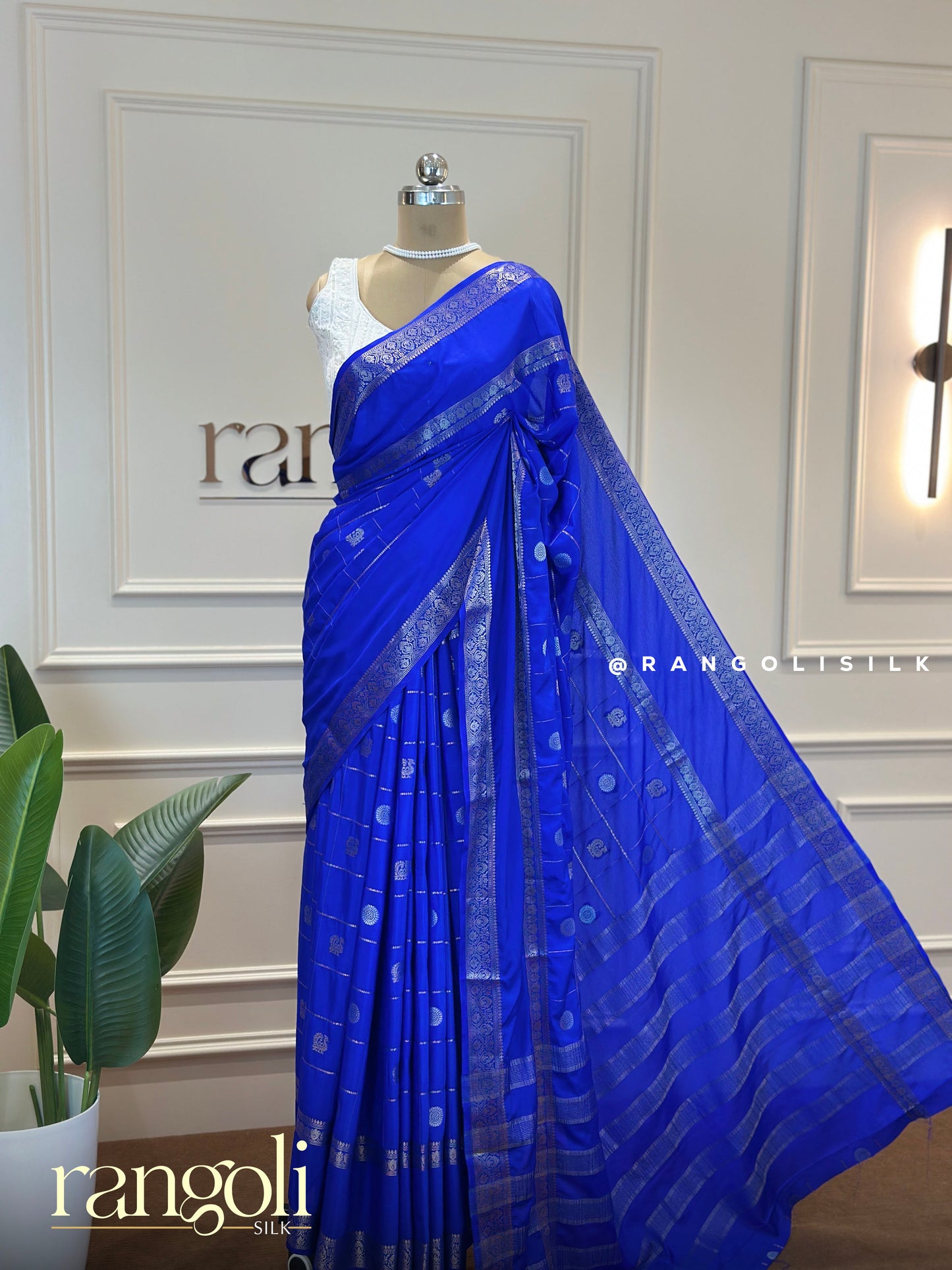 Royal Blue Semi Mysore Silk Saree with Zari Borders & Woven Motifs – Post 588