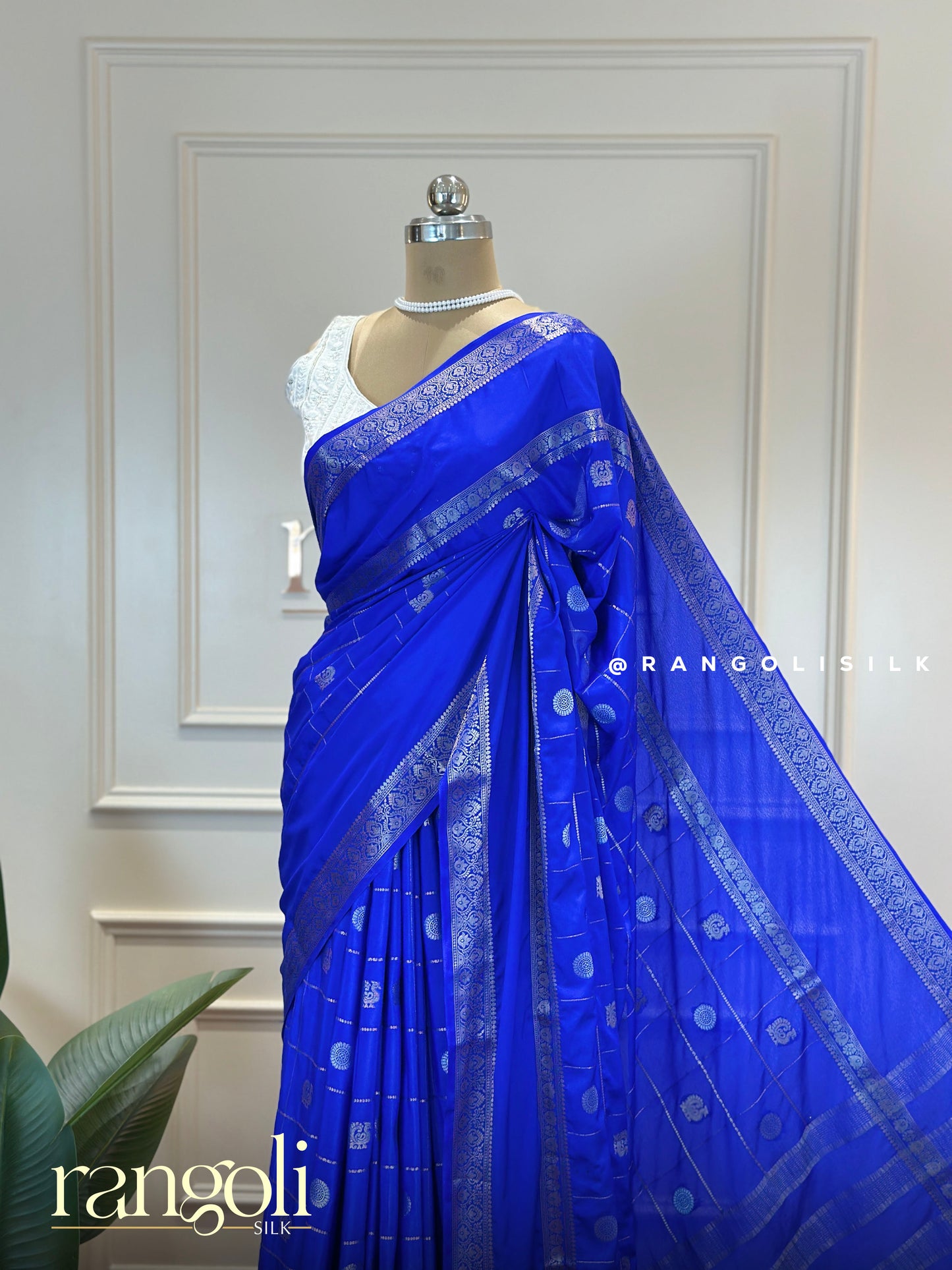 Royal Blue Semi Mysore Silk Saree with Zari Borders & Woven Motifs – Post 588
