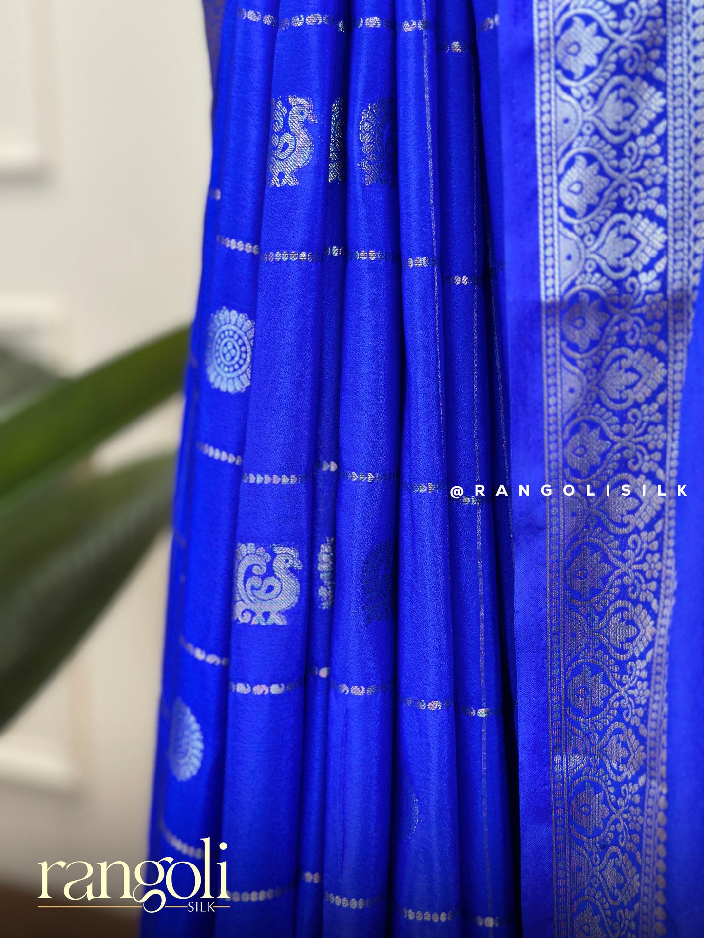 Royal Blue Semi Mysore Silk Saree with Zari Borders & Woven Motifs – Post 588