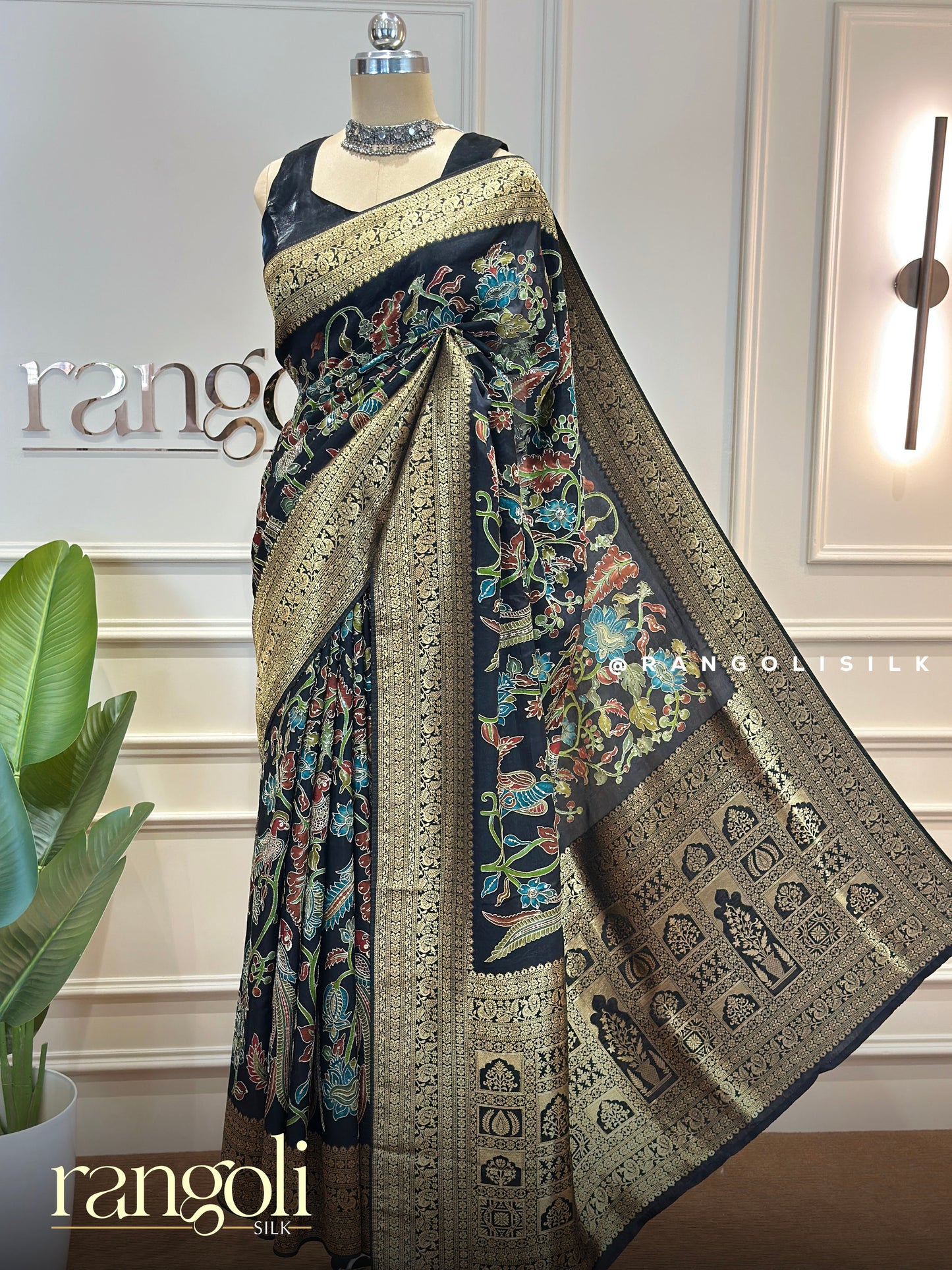 Black Multicolor Floral Banarasi Saree With Antique Gold Zari Border -  Post 880